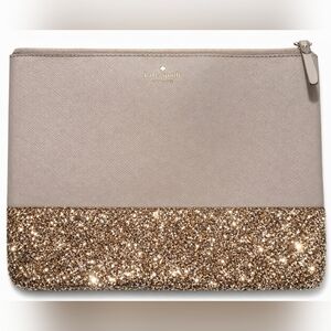 💖Kate Spade Gold Glitter Clutch Pouch | Gray Saffiano | Chic Evening Bag